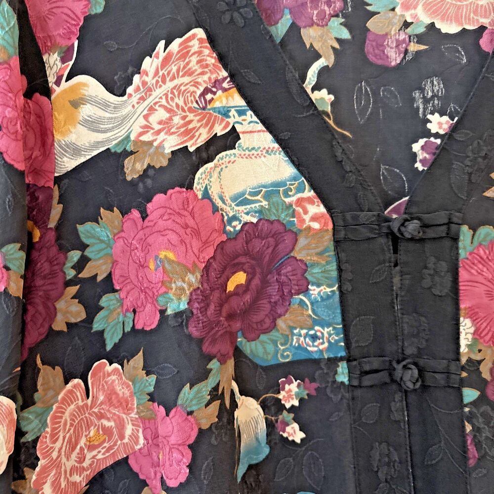 Citron Santa Monica Asian Print Silk Kimono Button Front Blouse Black Pink 1X - Picture 2 of 7